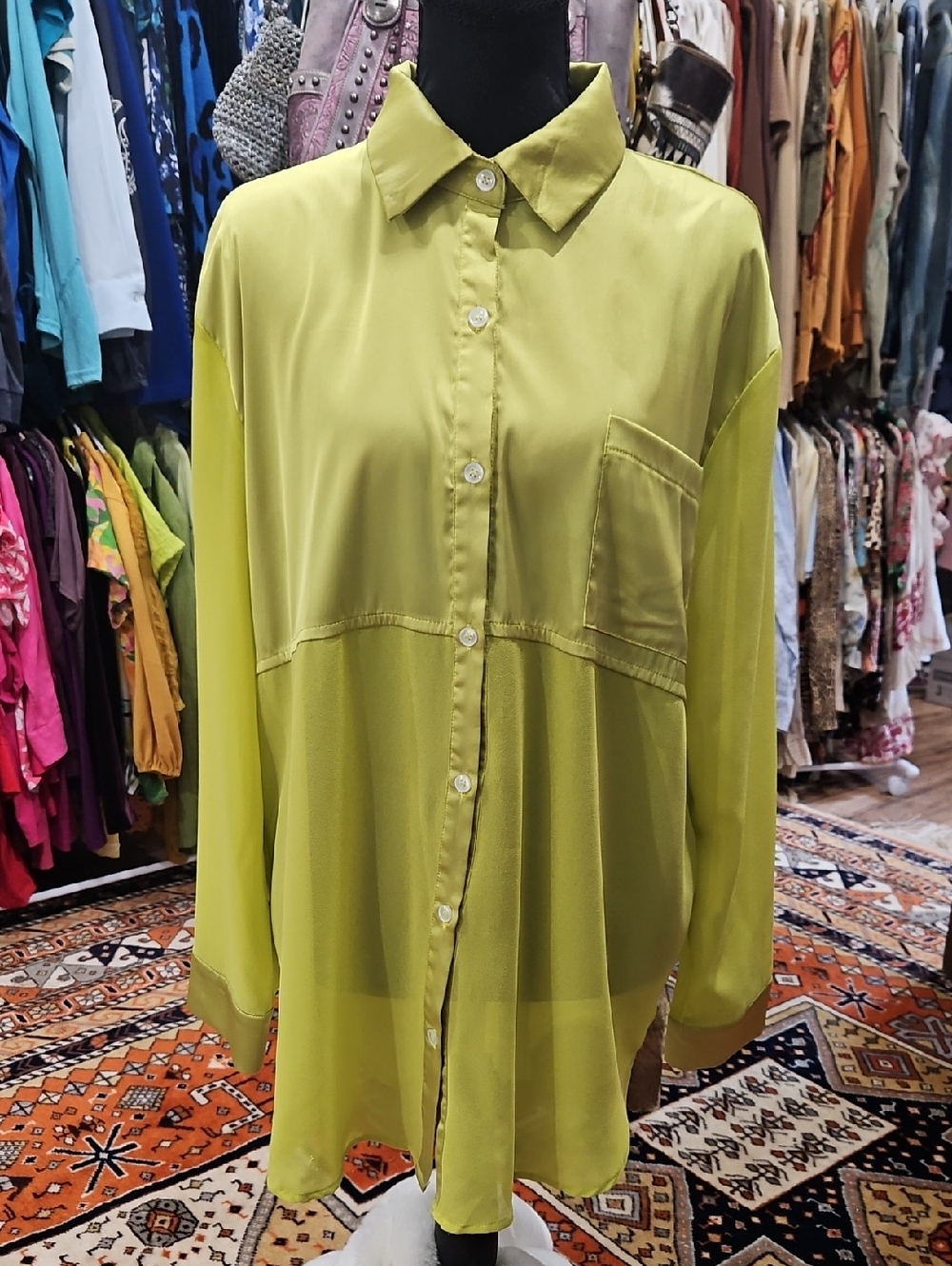 DAVI & DANI Lime Green Button-Down Sheer Blouse. Size M